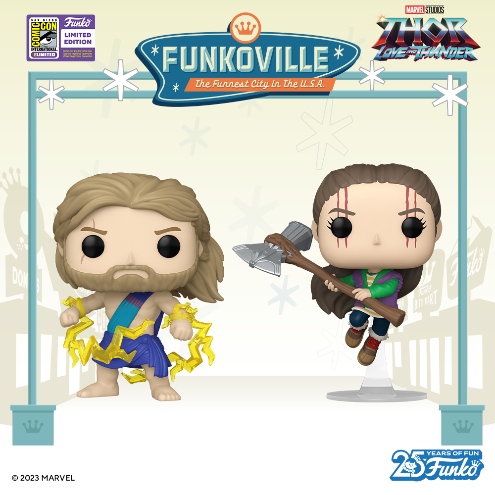 Electrify your Marvel collection with SDCC 2023-exclusive Pop! Thor in blue robes and Pop! Gorr's Daughter leaping into battle with Stormbreaker from Marvel Studios' Thor: Love and Thunder.